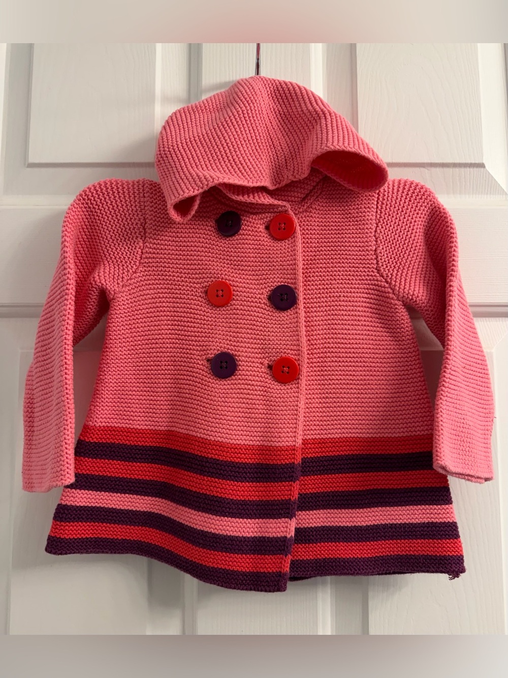 First Impressions Pink Hooded Knit Coat with Red & Purple Stripes